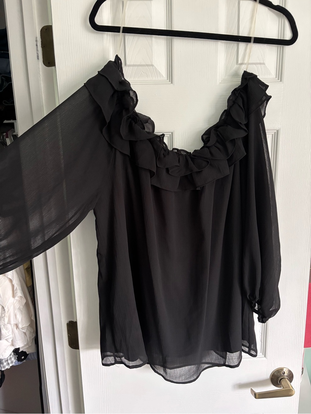 Black Ruffle Off-Shoulder Blouse with Sheer Sleeves